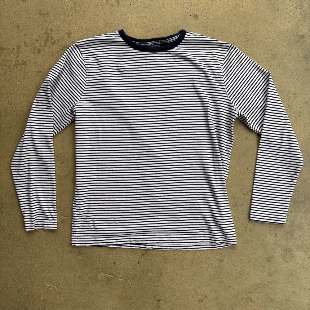 MBX Premium Goods Navy and White Striped Long Sleeve Shirt Medium